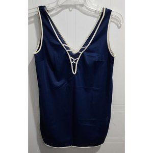 Vintage Formfit Rogers Women's Camisole Criss Cross Neck Blue/White Trim Sz 8-10